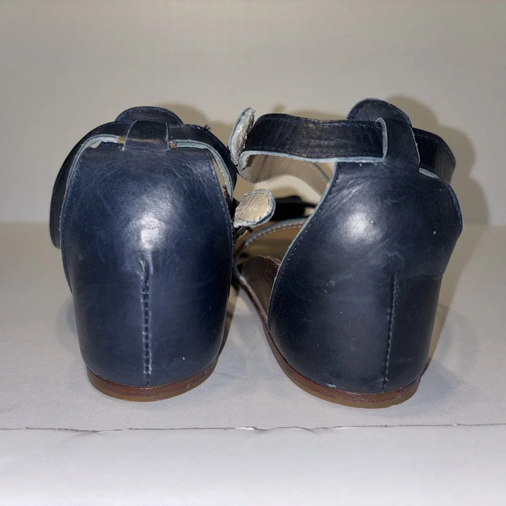 FIRST LADY BOOTERY Vintage Navy Leather Wedge Sandals Slingbacks Italy Sz 38